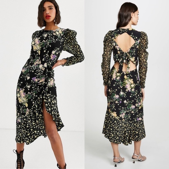 FOR LOVE & LEMONS Floral Long Sleeve Cutout Tie Back Ruched Ruffle Midi Dress XS - Picture 8 of 17
